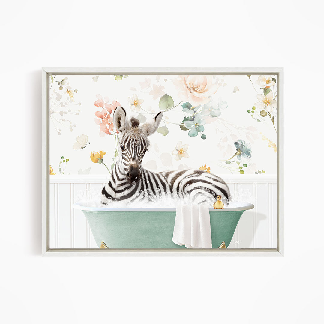 A zebra is sitting in a green bathtub, surrounded by a floral wallpaper background.