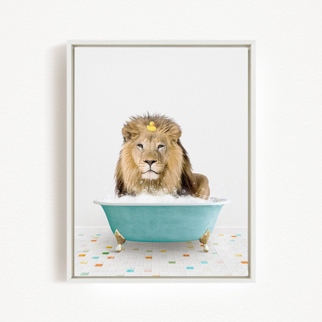 A lion sitting in a blue bathtub filled with bubbles, with a rubber duck floating on the water.