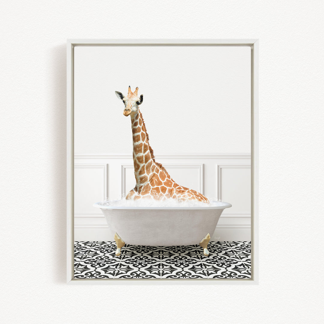 A giraffe sitting in a white bathtub filled with water, surrounded by a black and white patterned floor.