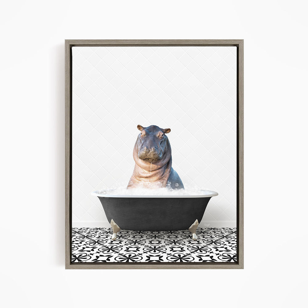 A hippopotamus sitting in a bathtub filled with water, surrounded by a black and white patterned tile floor.