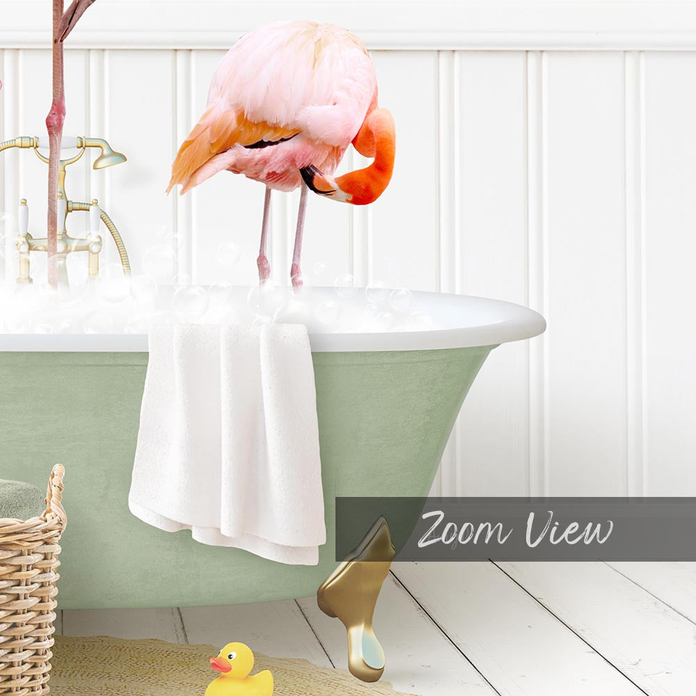 A pink flamingo stands in a bathtub filled with water, surrounded by a yellow rubber duck and a white towel.