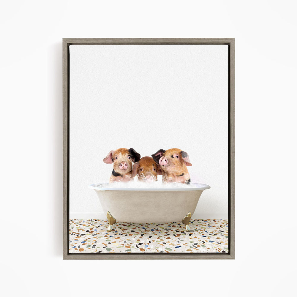 Three adorable pigs sitting in a white bathtub, enjoying a relaxing bath together.