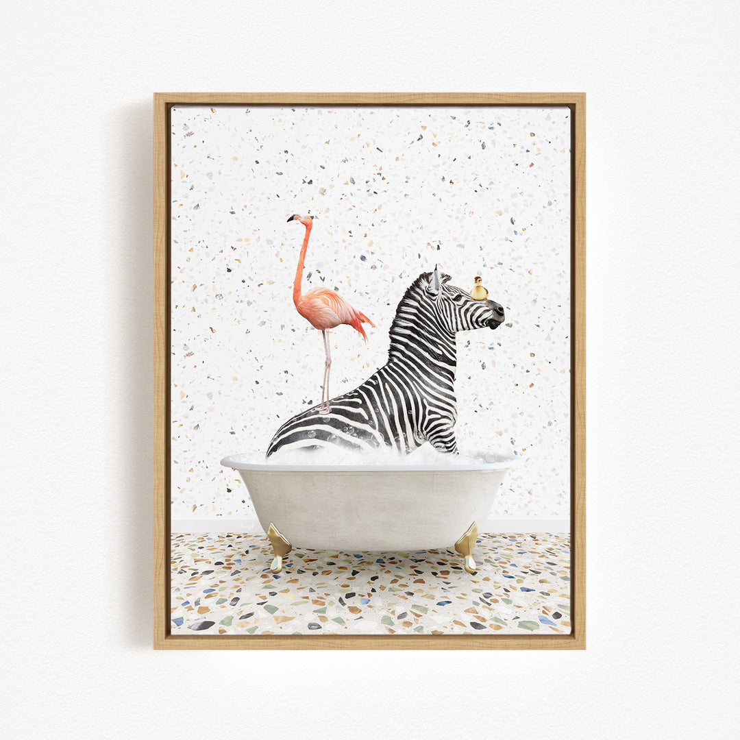 A framed image depicting a zebra sitting in a bathtub, with a flamingo standing on its back and a bird perched on its head.