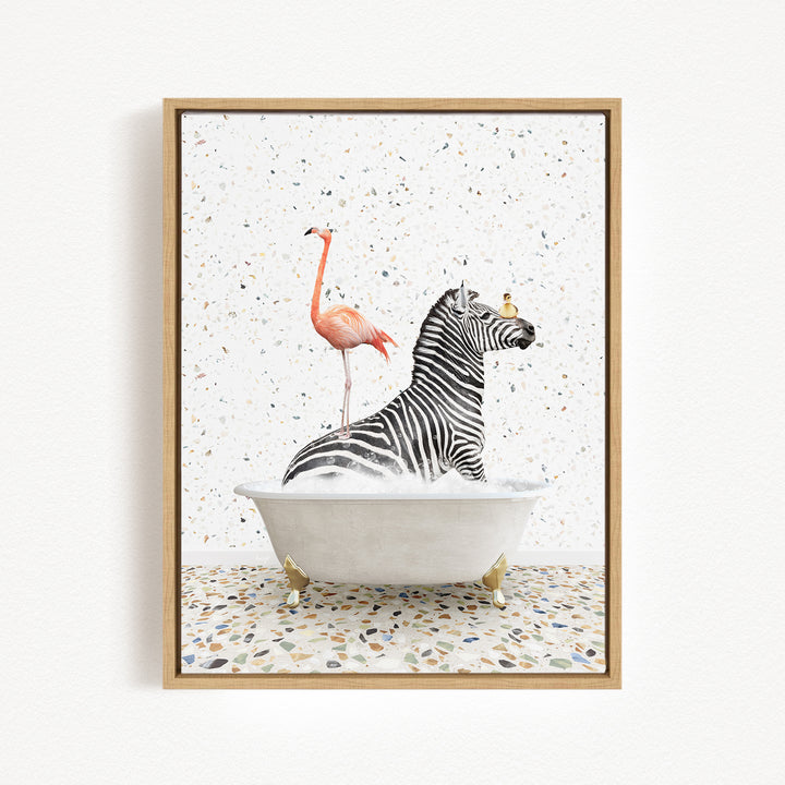A framed image depicting a zebra sitting in a bathtub, with a flamingo standing on its back and a bird perched on its head.