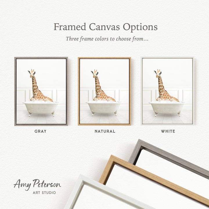 three framed canvas options, each featuring a giraffe sitting in a bathtub. The options include a gray frame, a natural frame, and a white frame.