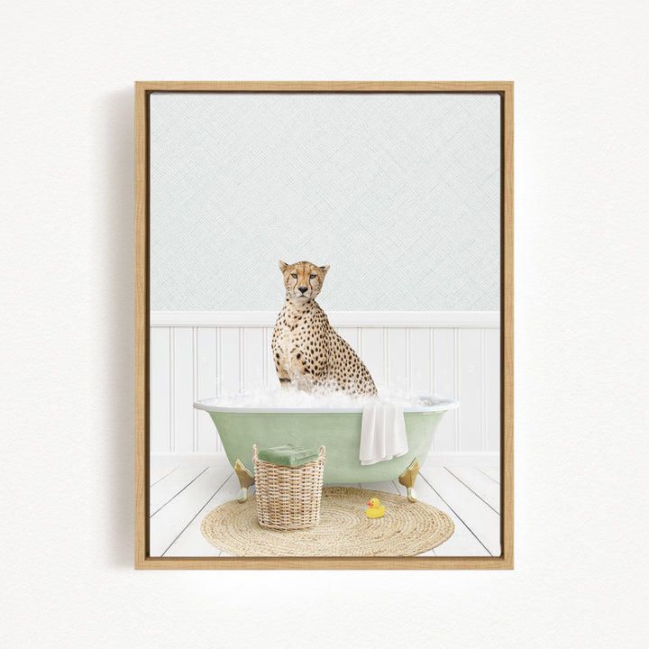 A cheetah sitting in a green bathtub filled with water, surrounded by a basket and a rubber duck.