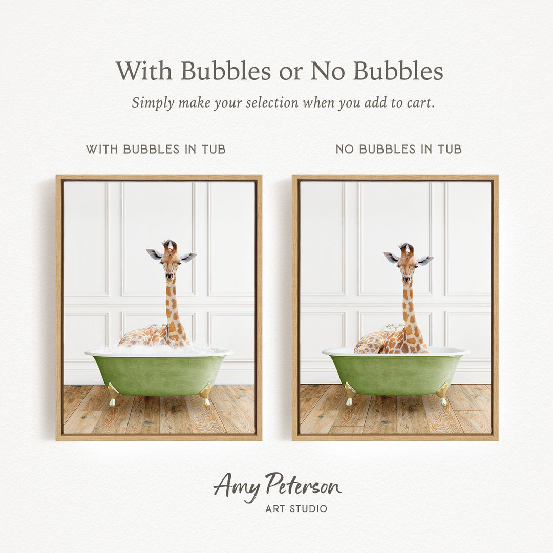 The image is a collage of two pictures featuring a giraffe sitting in a green bathtub. The text above the images reads "With Bubbles or No Bubbles" and below the images, it says "Simply make your selection when you add to cart."