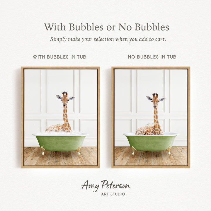 The image is a collage of two pictures featuring a giraffe sitting in a green bathtub. The text above the images reads "With Bubbles or No Bubbles" and below the images, it says "Simply make your selection when you add to cart."