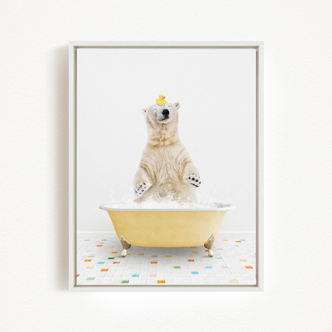 A polar bear standing in a yellow bathtub filled with bubbles, with a rubber duck perched on its head.