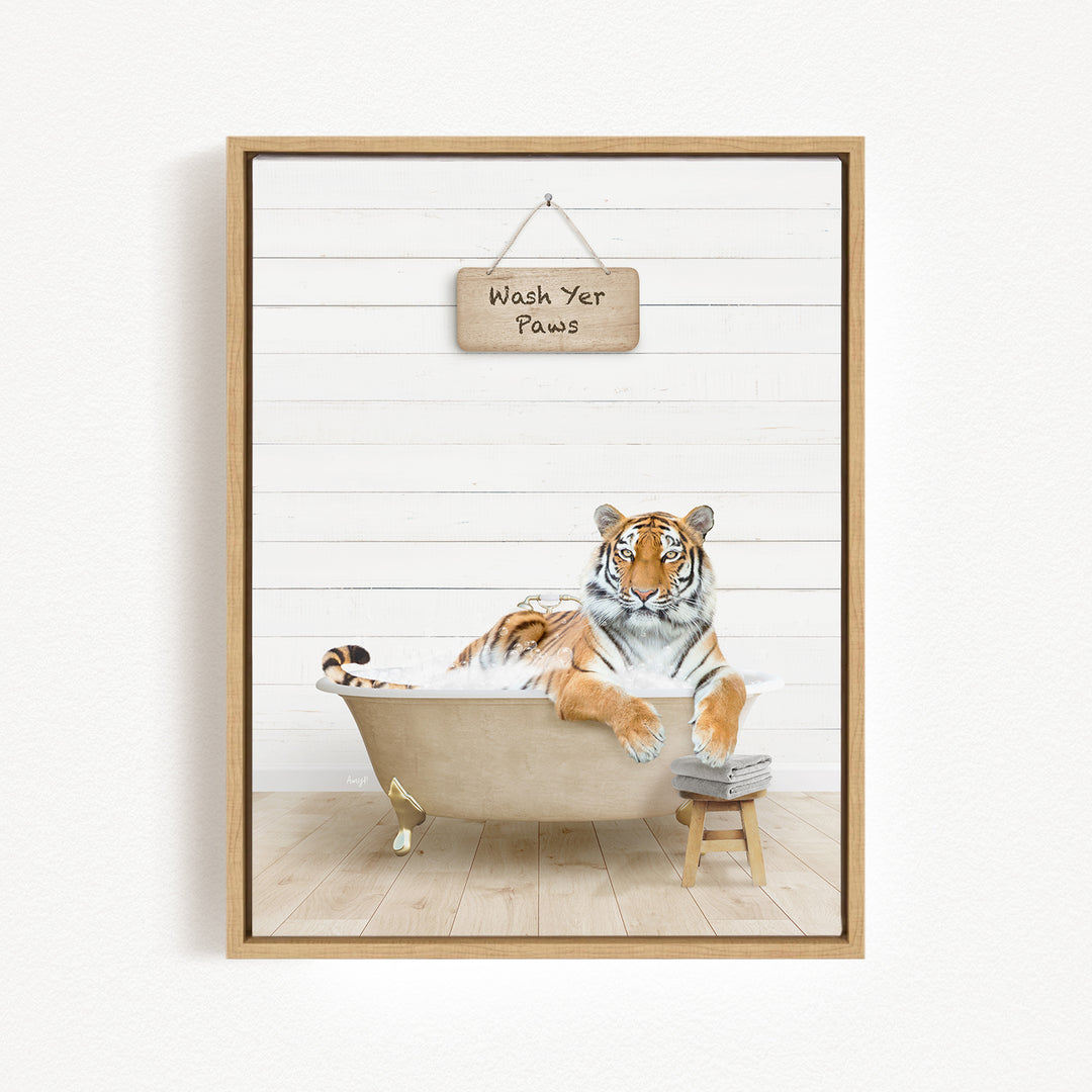 A tiger is sitting in a bathtub, with a sign above it that says "Wash Yer Flaws".