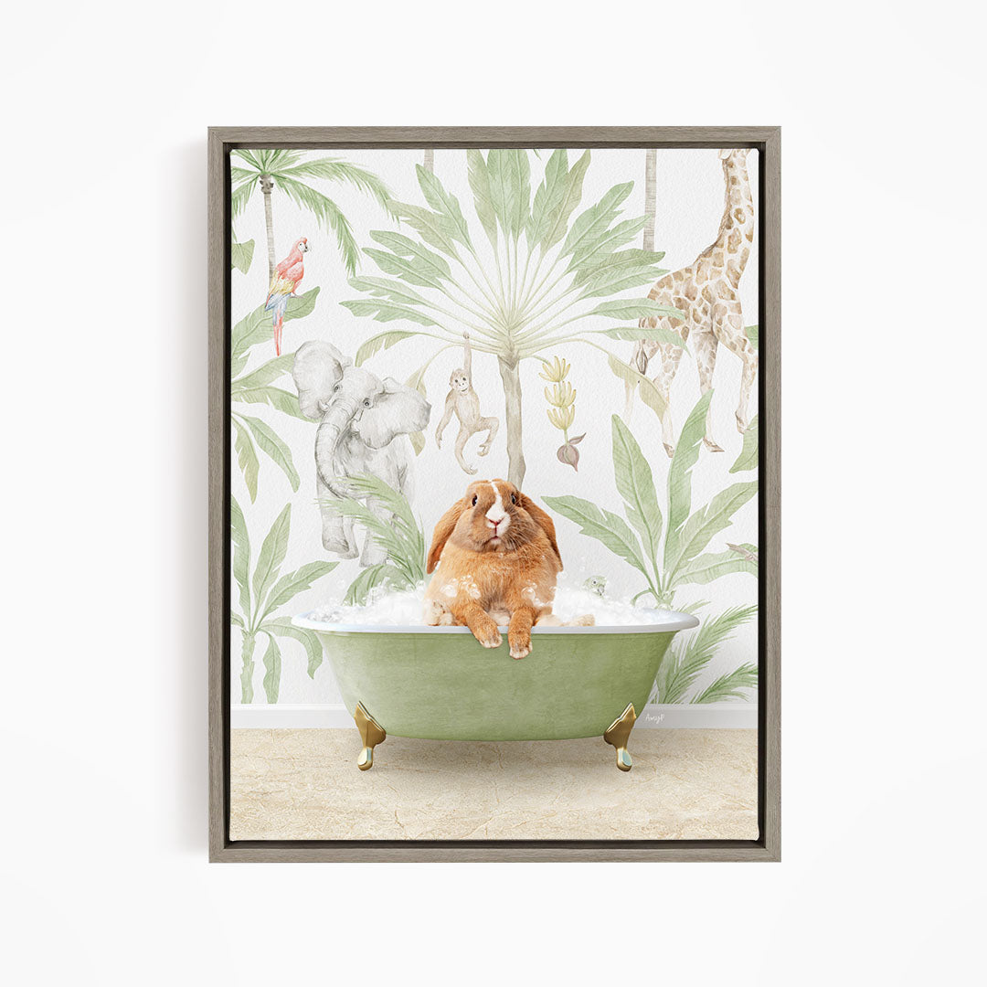 A rabbit sitting in a green bathtub filled with water, surrounded by various animals such as a giraffe, parrot, and elephant, all set against a tropical jungle backdrop.