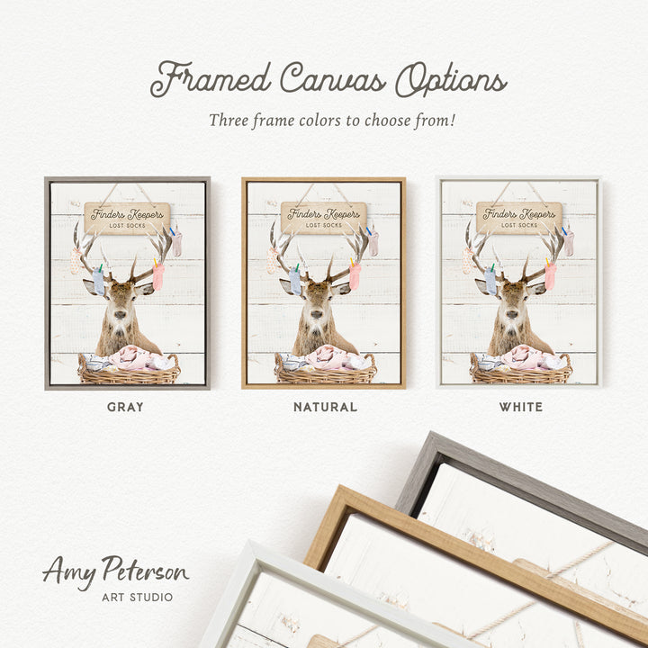 three framed canvas options featuring a deer with antlers in a basket, each with a different frame color: gray, natural, and white.