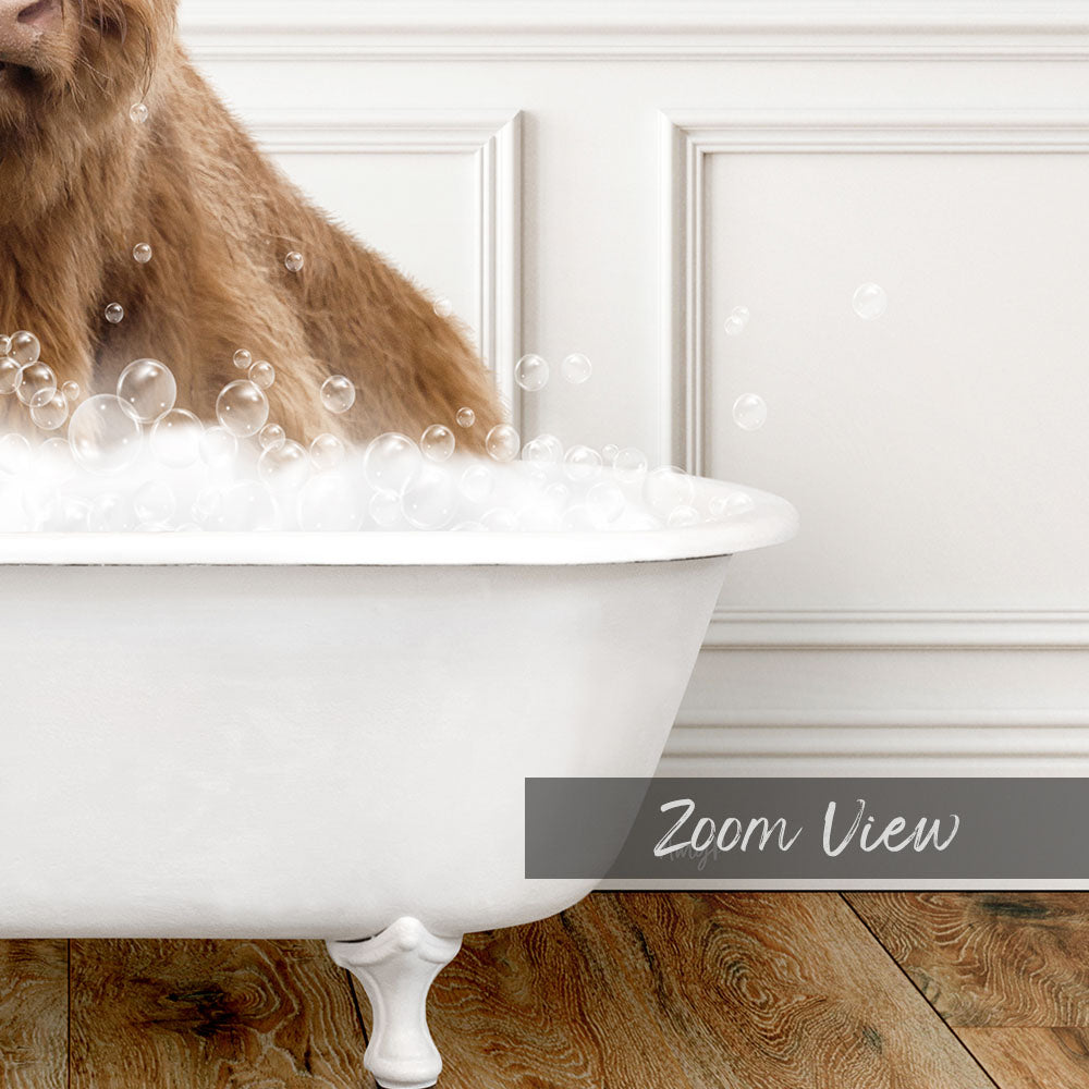 A brown dog is sitting in a white bathtub filled with bubbles, creating a playful and relaxing scene.