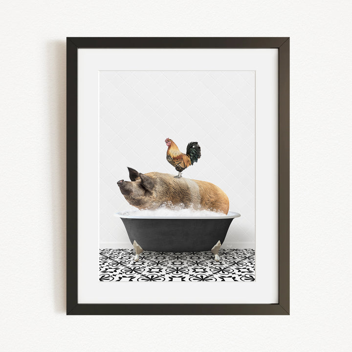 A rooster stands on a pig in a bathtub, creating a whimsical and humorous scene.