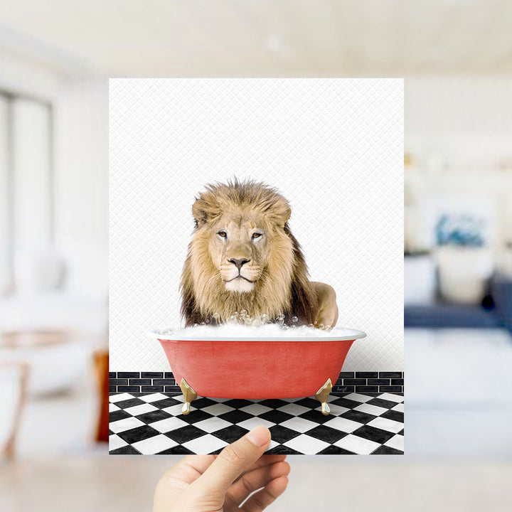A lion sitting in a red bathtub filled with bubbles, with a checkered black and white floor in the background.