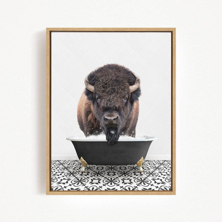 A buffalo with large horns is standing in a bathtub filled with water, creating a playful and whimsical scene.