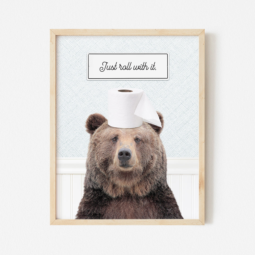 a picture of a bear with a roll of toilet paper on its head