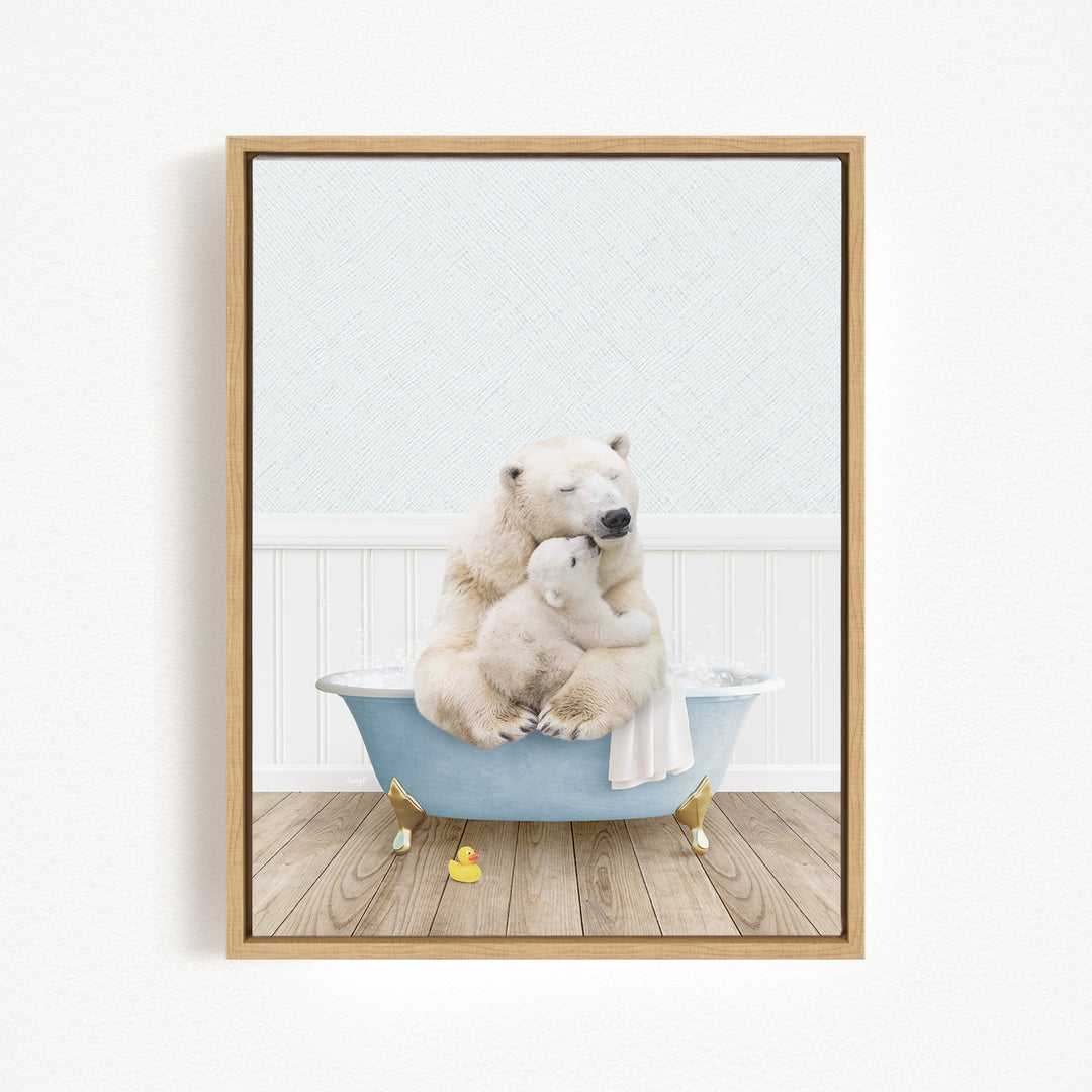 A polar bear and a cub sitting together in a bathtub, with a yellow rubber duck nearby.