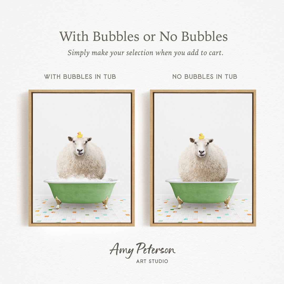 The image is a collage of two framed pictures, each featuring a white sheep sitting in a green bathtub. The text above the images reads "With Bubbles or No Bubbles" and below the images, it says "Simply make your selection when you add to cart."