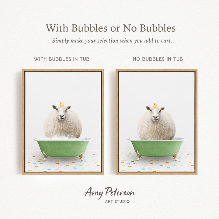 The image is a collage of two framed pictures, each featuring a white sheep sitting in a green bathtub. The text above the images reads "With Bubbles or No Bubbles" and below the images, it says "Simply make your selection when you add to cart."