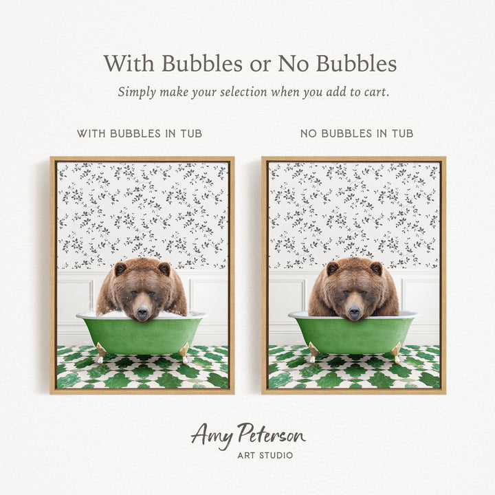 The image is a collage of two pictures featuring a brown bear sitting in a green tub. The bear is surrounded by a patterned background, and the image is labeled with the text "With Bubbles or No Bubbles" and "NO Bubbles IN TUB".