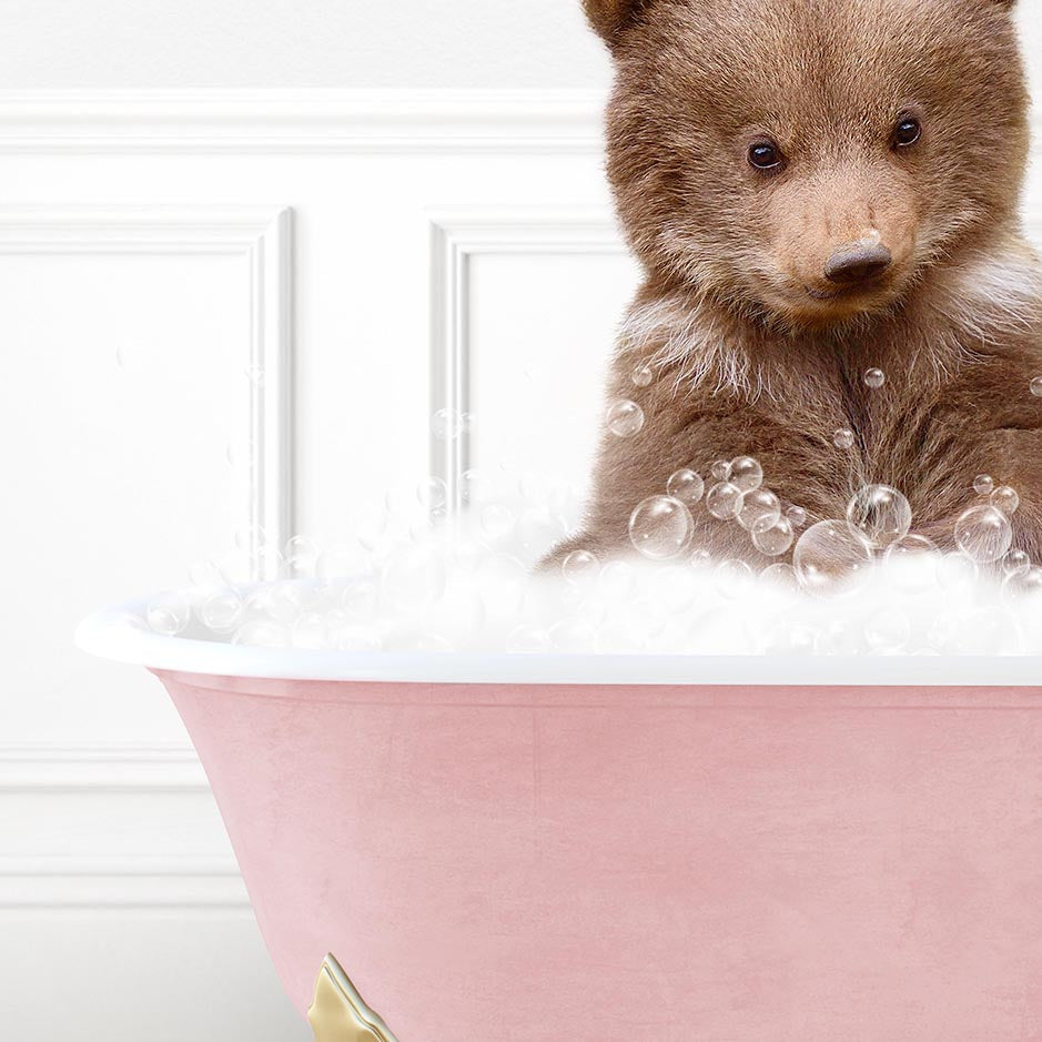 Bear Cub in Stencil Tile with Pink Bathtub Bath