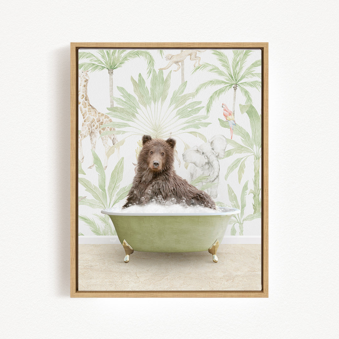 A brown bear is sitting in a green bathtub, surrounded by tropical foliage and animals, creating a whimsical and playful scene.