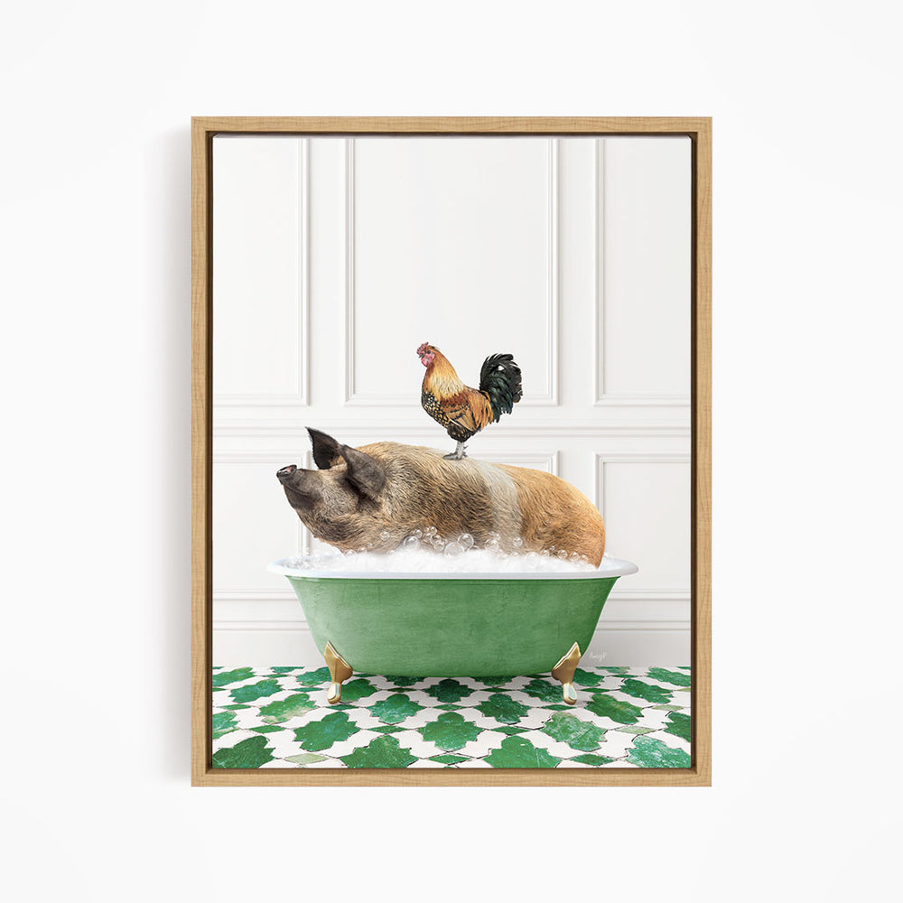 A rooster sits atop a pig in a green bathtub, surrounded by a green and white patterned floor.