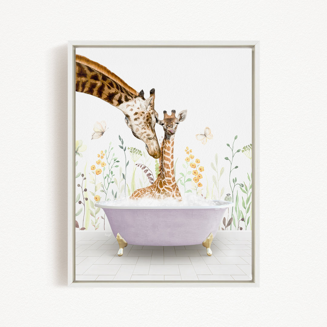 A mother giraffe and her baby giraffe are enjoying a relaxing bath in a purple bathtub, surrounded by a lush garden with flowers and butterflies.