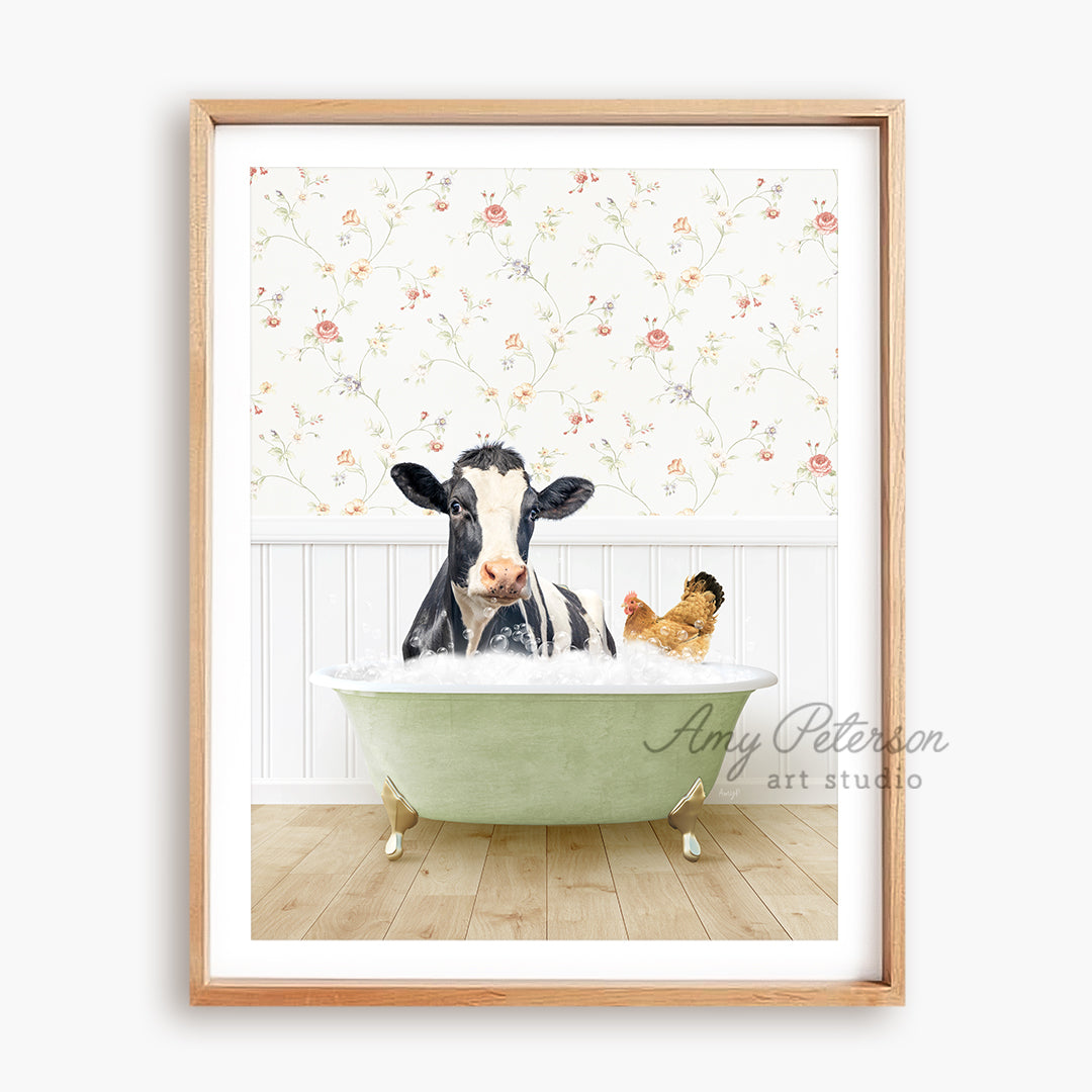 a picture of a cow in a bathtub with a chicken