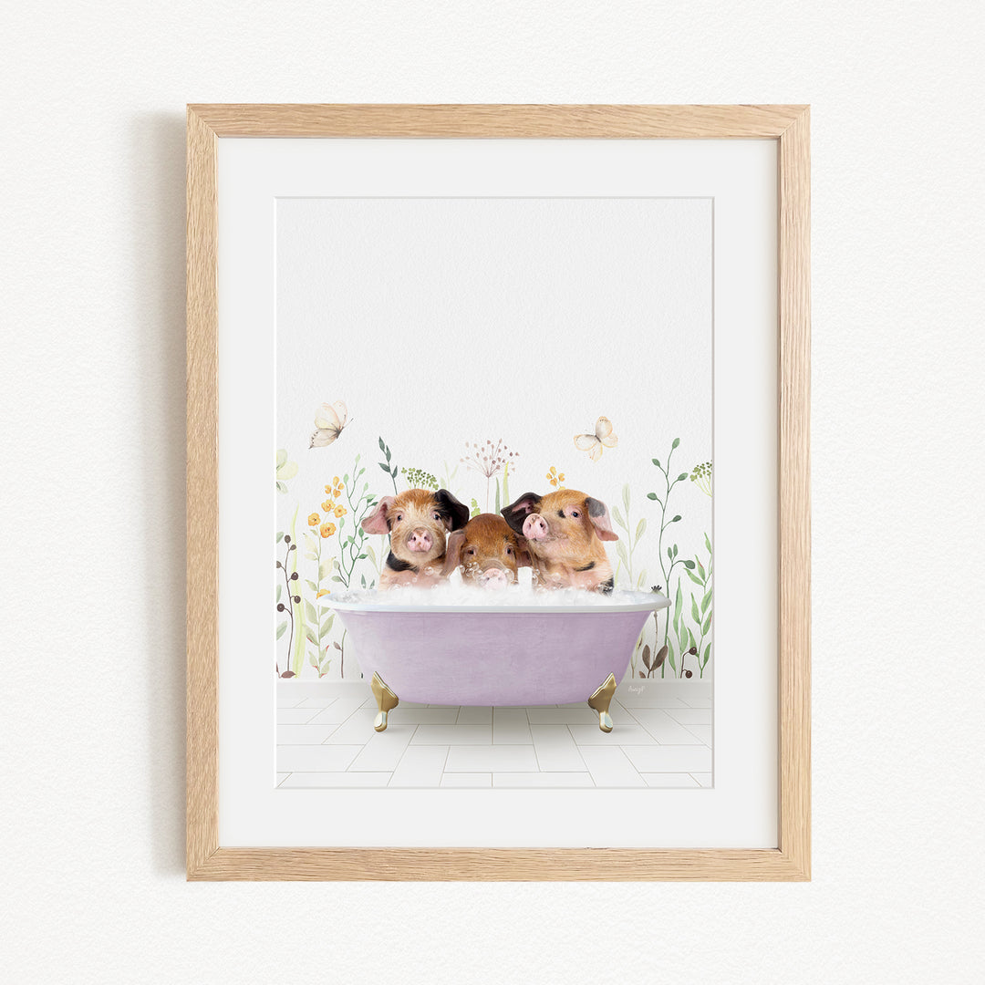 Three adorable hamsters sitting in a purple bathtub, surrounded by flowers and butterflies.