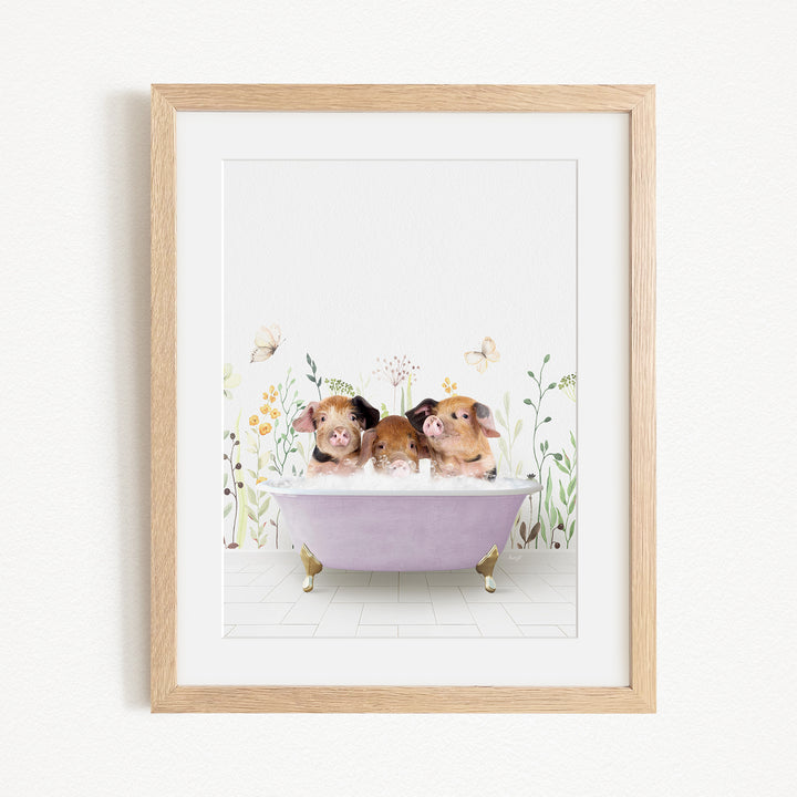 Three adorable hamsters sitting in a purple bathtub, surrounded by flowers and butterflies.