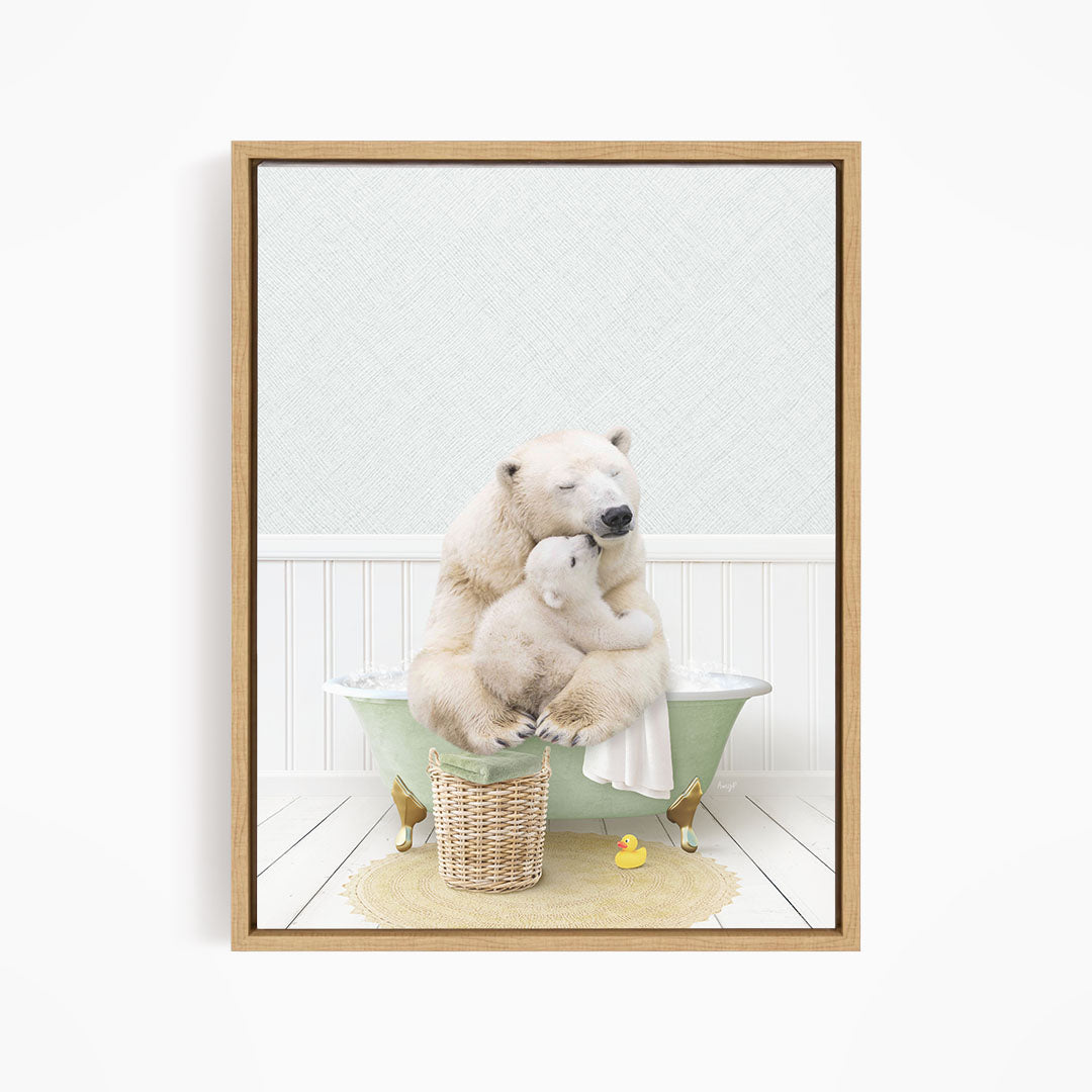 A polar bear is sitting in a green bathtub, surrounded by a basket of toys and a rubber duck, creating a playful and whimsical scene.