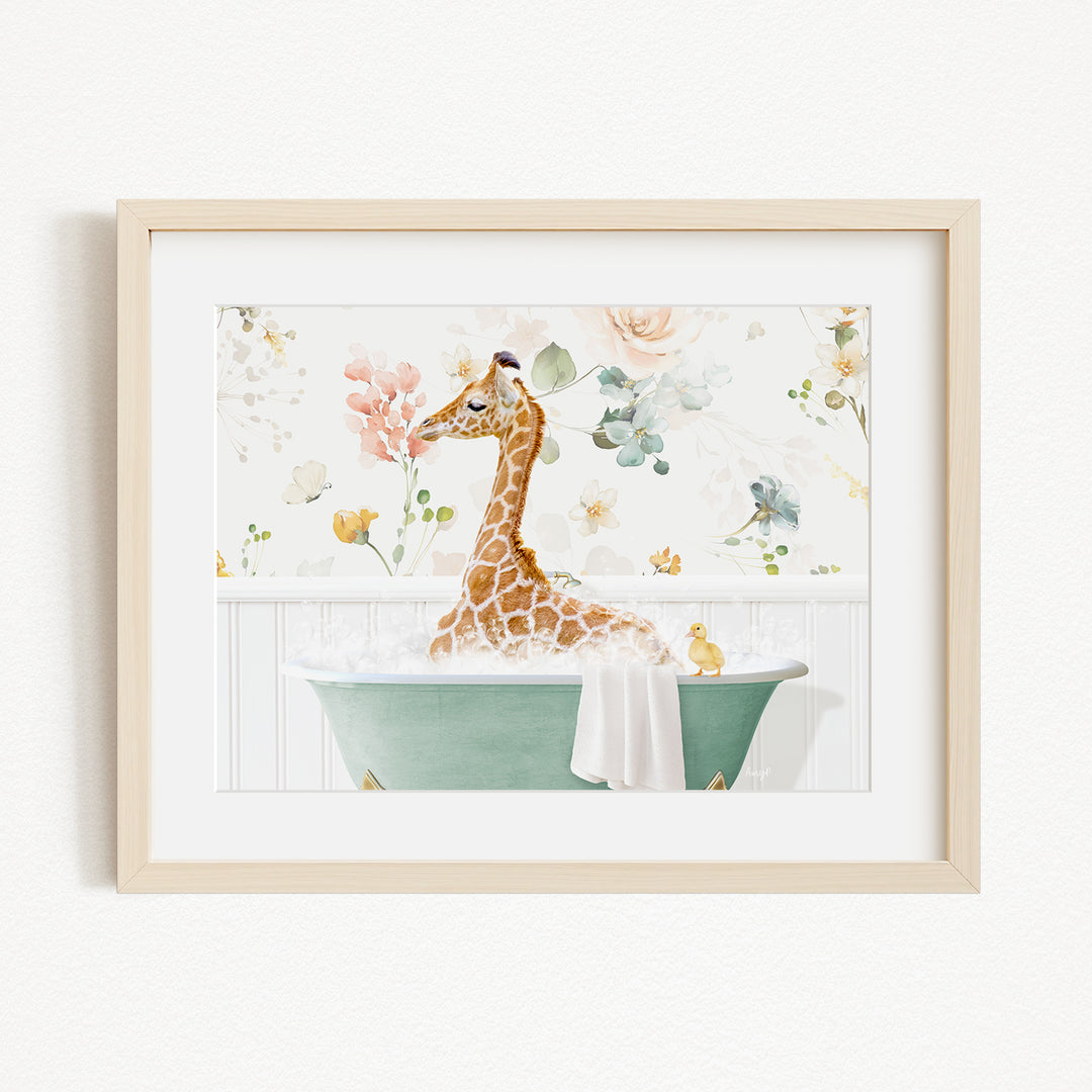 A giraffe is sitting in a green bathtub filled with bubbles, surrounded by various animals and flowers in a floral wallpaper background.