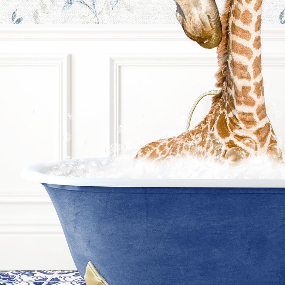 a baby giraffe in a blue bath tub