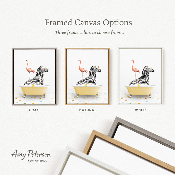 three framed canvas options featuring a zebra and a flamingo in a bathtub, with three different frame colors to choose from: gray, natural, and white.