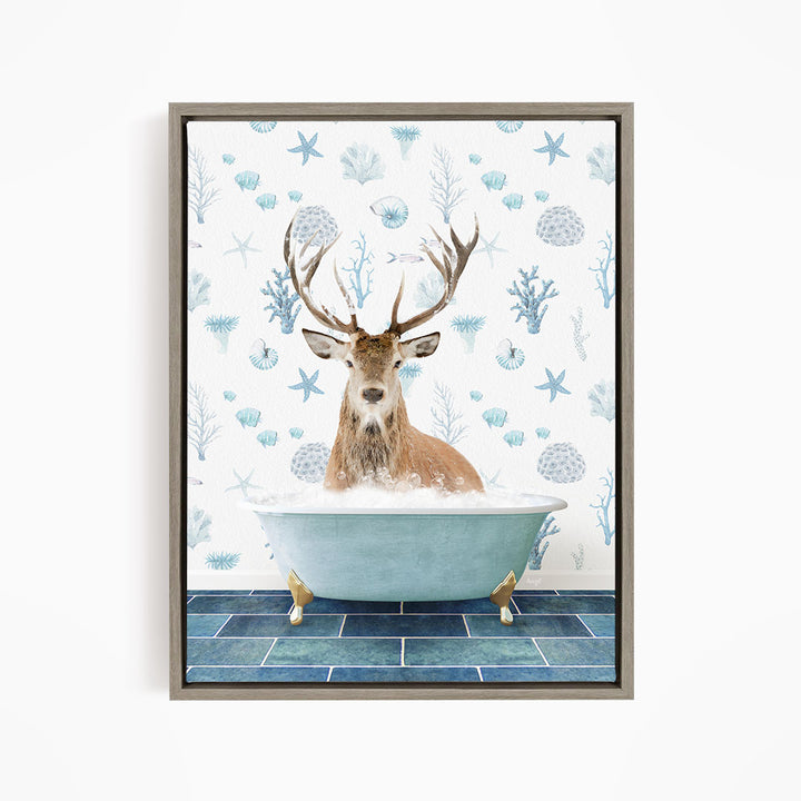 A deer with antlers is sitting in a bathtub filled with bubbles, surrounded by a pattern of blue and white seashells and starfish.