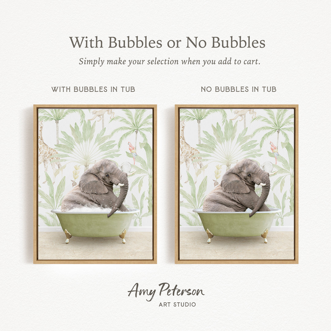 The image is a collage of two framed pictures, each depicting an elephant sitting in a bathtub. The text above the images reads "With Bubbles or No Bubbles" and below the images, it says "Simply make your selection when you add to cart."