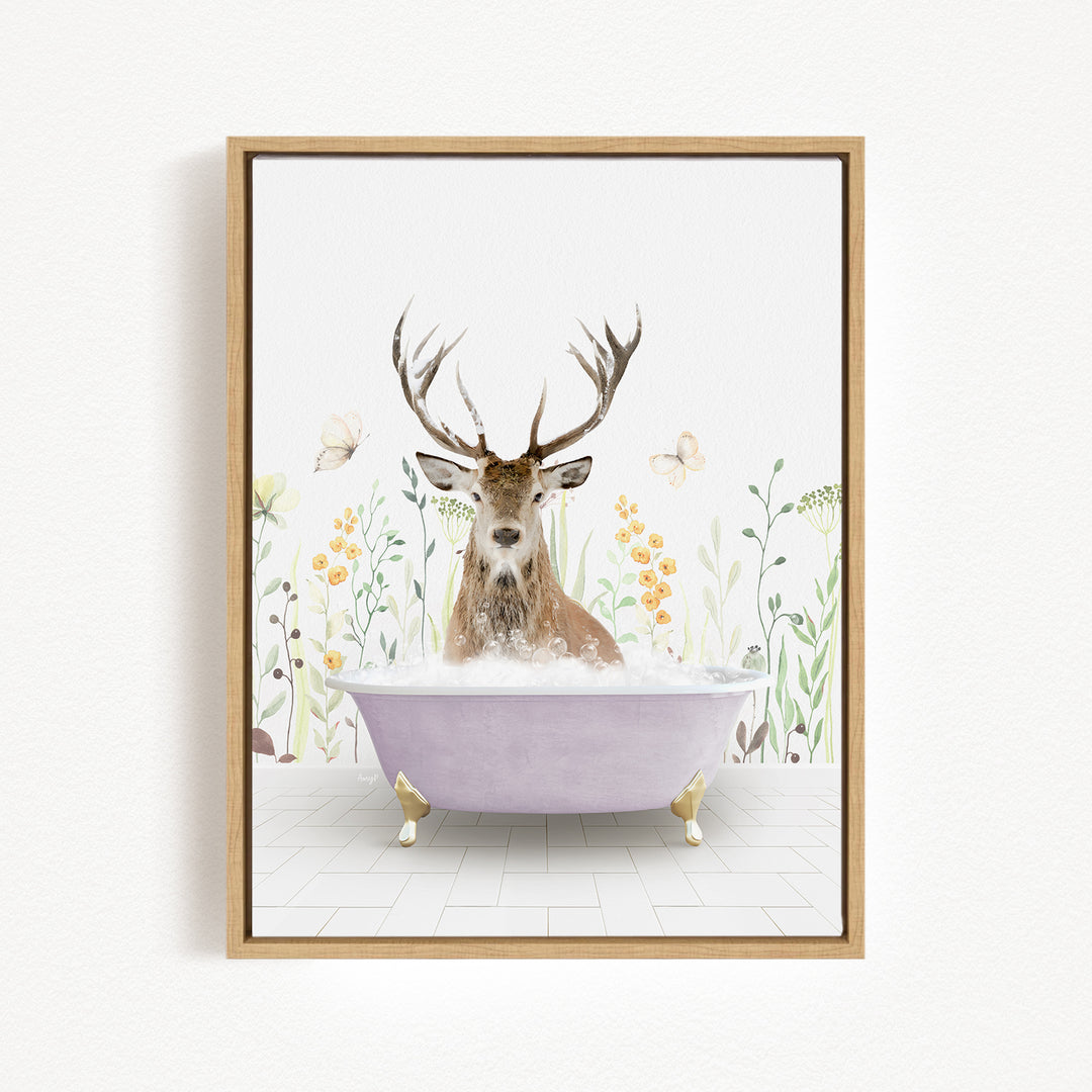 A deer with antlers is sitting in a purple bathtub, surrounded by flowers and butterflies.