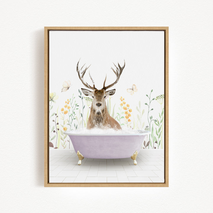 A deer with antlers is sitting in a purple bathtub, surrounded by flowers and butterflies.