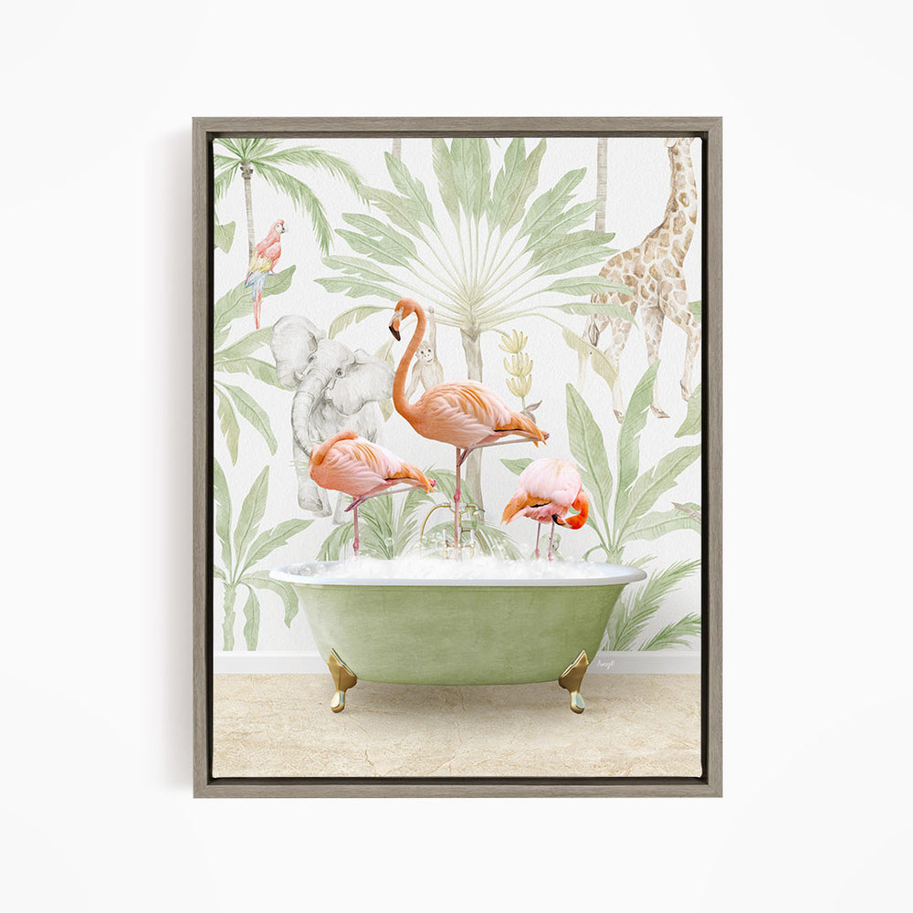 A framed print depicting a group of flamingos sitting in a green bathtub, surrounded by tropical foliage and a giraffe in the background.