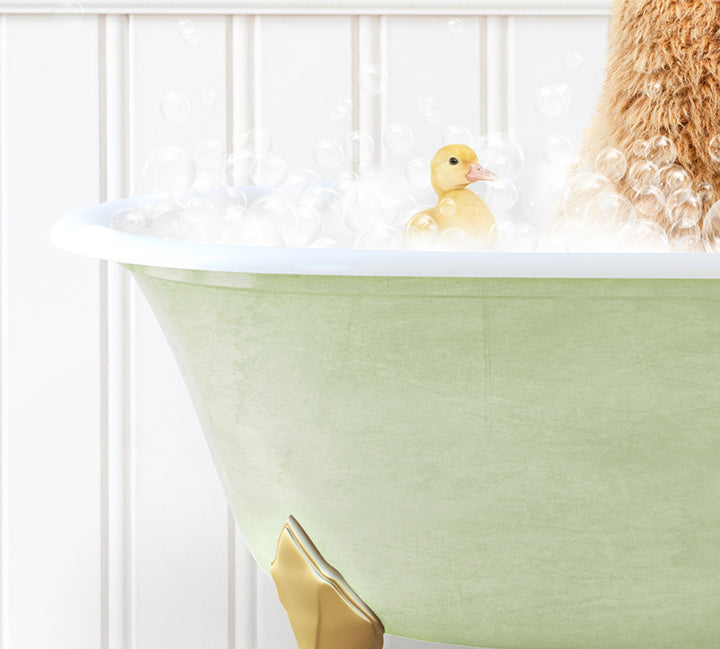 a dog sitting in a bathtub filled with bubbles