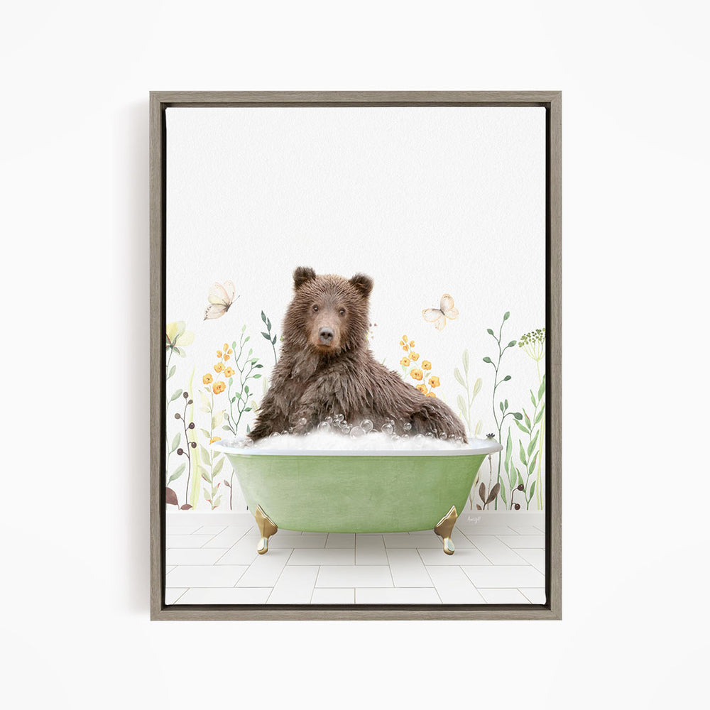 A brown bear sitting in a green bathtub filled with bubbles, surrounded by flowers and butterflies.
