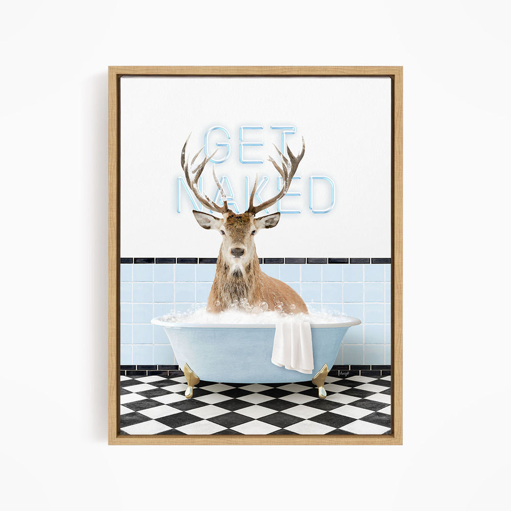 A deer with antlers is sitting in a bathtub filled with bubbles, with a sign that says "GET NAPED" in the background.