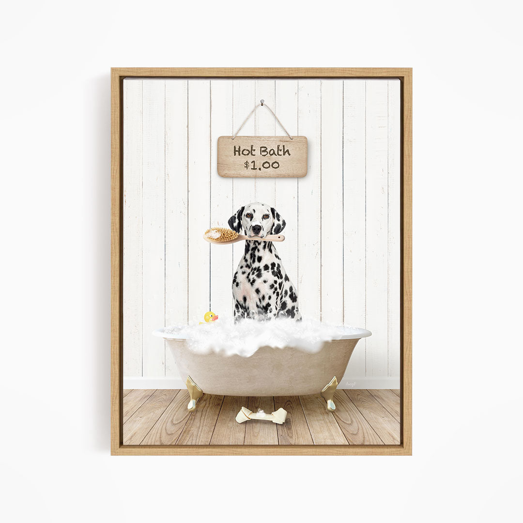 A Dalmatian dog sitting in a white bathtub, holding a toy in its mouth, with a sign above the bathtub that reads "Hot Bath $1.00".