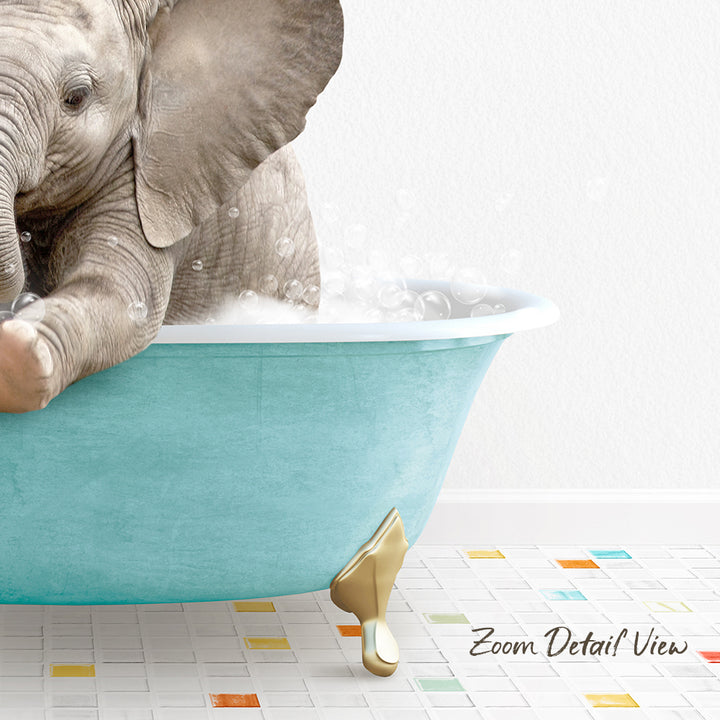 A baby elephant sitting in a blue bathtub filled with bubbles, surrounded by colorful tiles on the floor.