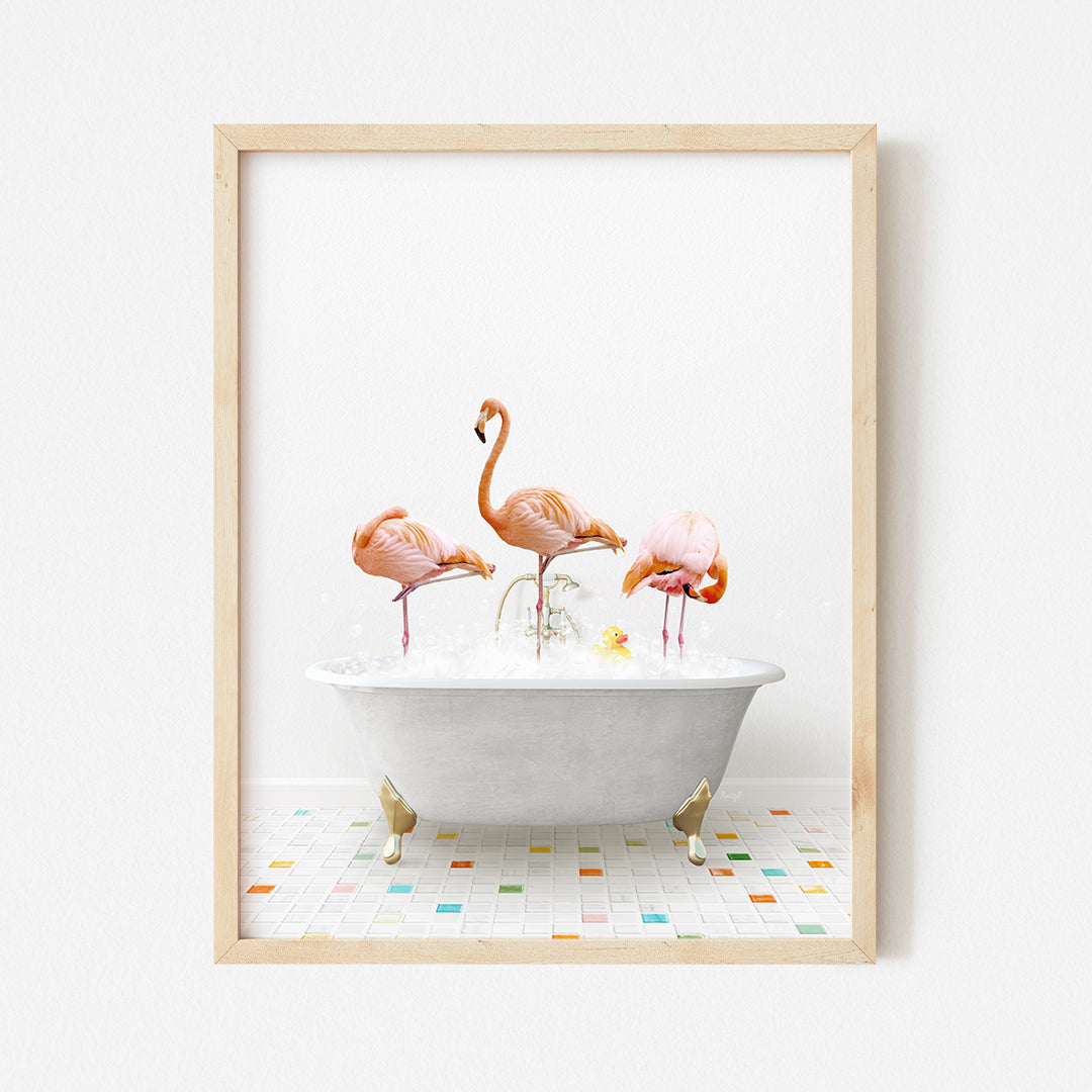 a group of flamingos in a bathtub with bubbles