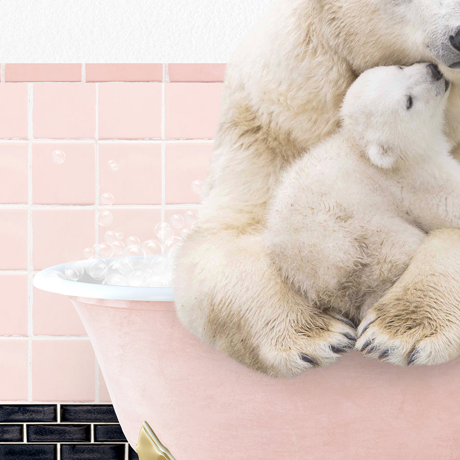 a mother polar bear and her cub in a bathtub