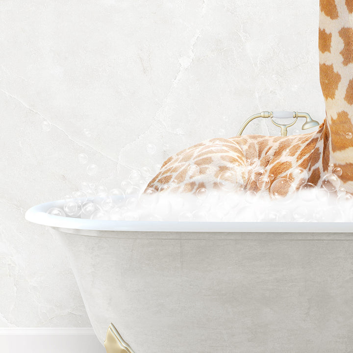 a giraffe laying down in a bath tub