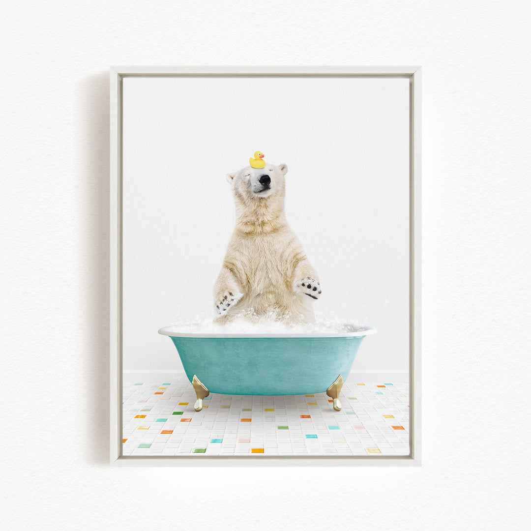 A polar bear standing in a blue bathtub filled with bubbles, with a rubber duck floating on its head.